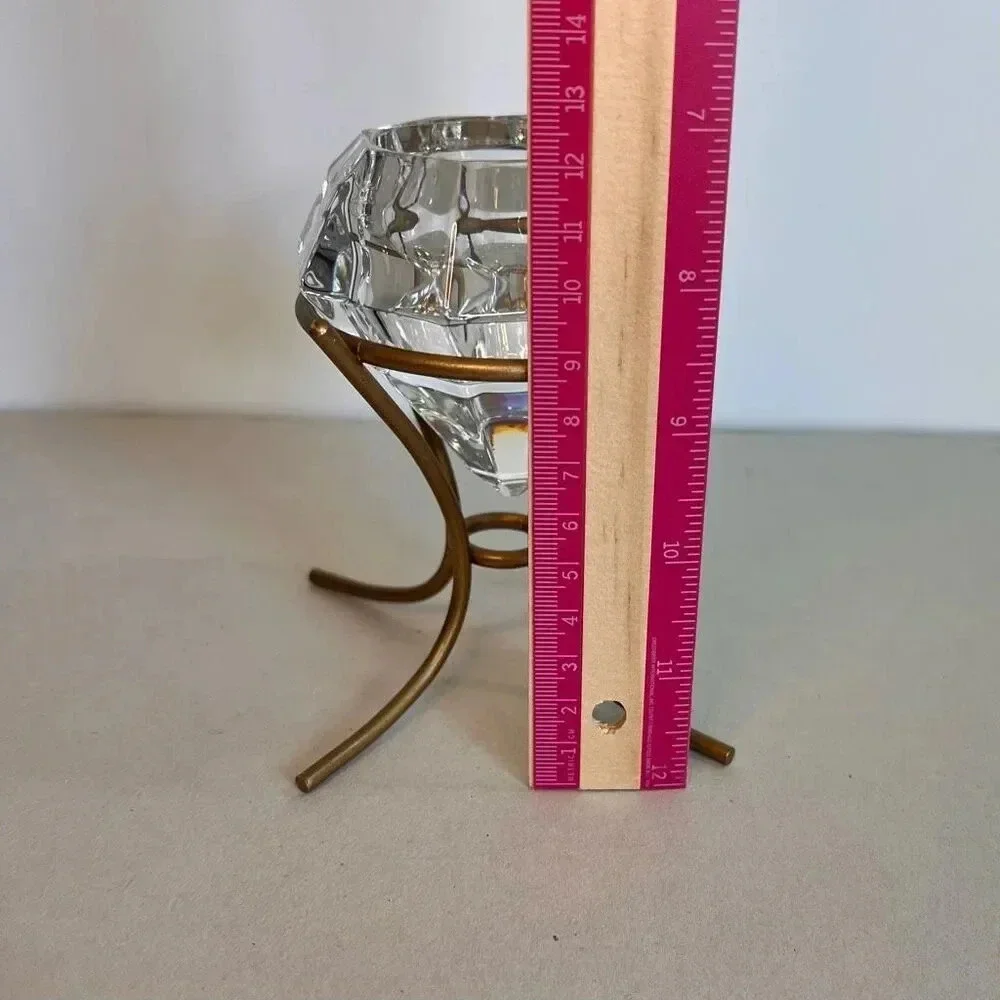 Vintage PartyLite Clear Heavy Glass Tealight Candle Holder Diamond on Gold Stand